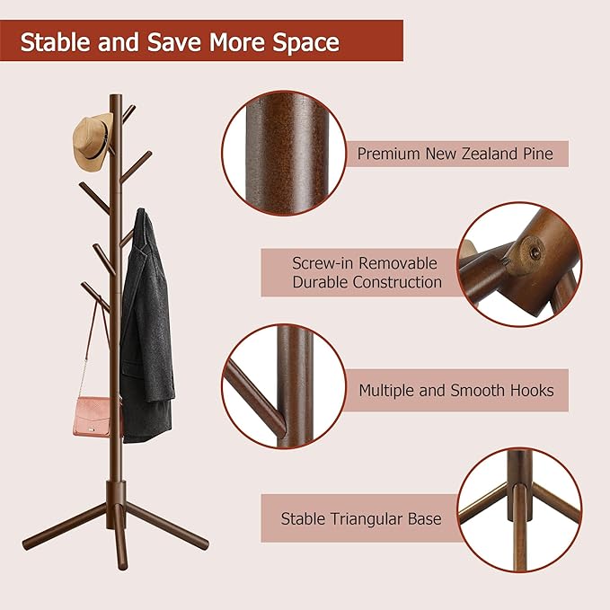 Wooden Coat Rack, Free Standing Coat Rack with 8 Hooks 3 Adjustable Heights for Clothes, Hats, Handbags, Coat Tree Easy Assembly for Entryway, Bedroom, Hallway, Office (New Brown)-DeskLoop Office