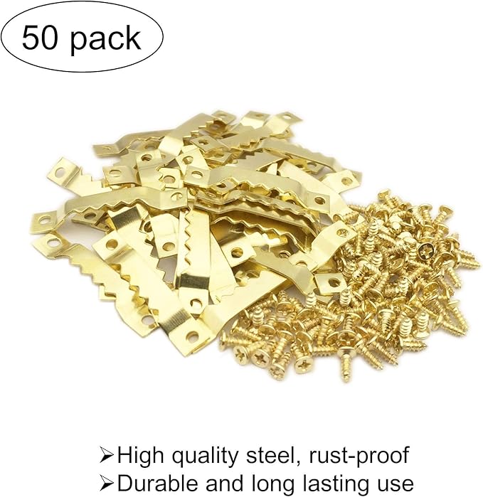 50 Pack Small Sawtooth Picture Hangers Steel Picture Hangers Picture Frames Hangers with Screws Picture Hang Solutions, for Hanging Clock Paintings Artwork Picture Frame Hook Photos(Gold)-DeskLoop Office