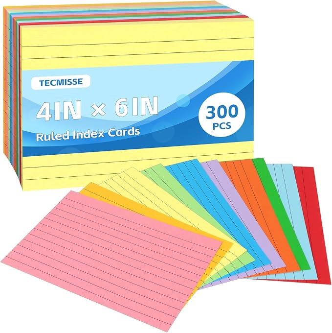 Tecmisse Colored Index Cards 4x6, 300 Pack, 10 Colors Ruled Note Cards by Tecmisse