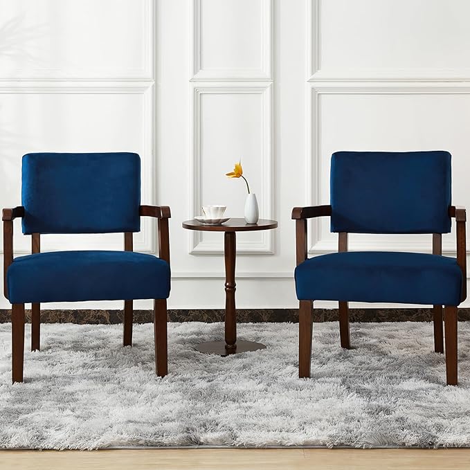 Accent Chair Set of 2 with Table, Living Room Chairs with Velvet Soft Seat & Armrests for Living Room Bedroom Reading Room Waiting Room (Velvet Navy)-DeskLoop Office