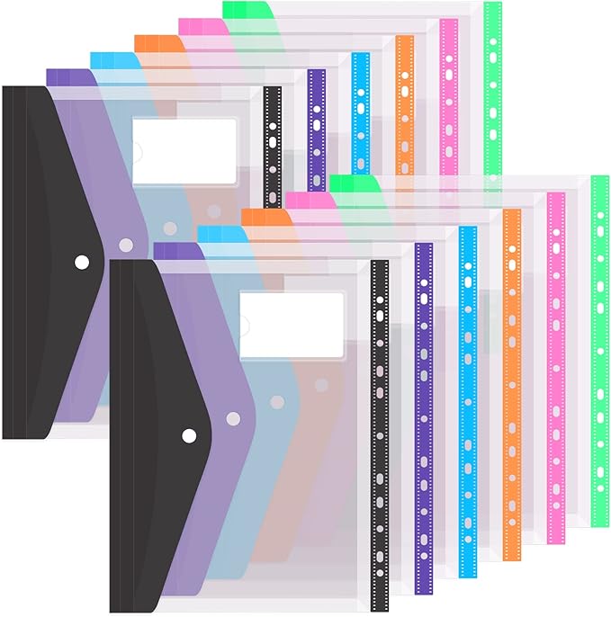 Colorlife Binder Pocket 12 Pack Plastic Envelopes Binder Folders 11 Holes by WELCOME