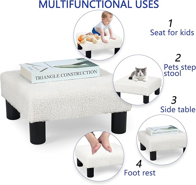 Joveco Small Foot Rest Stool Ottoman, Square Boucle Upholstered Footrest with Plastic Legs, Under Desk Footstool for Chair, Office, Living Room, White-DeskLoop Office