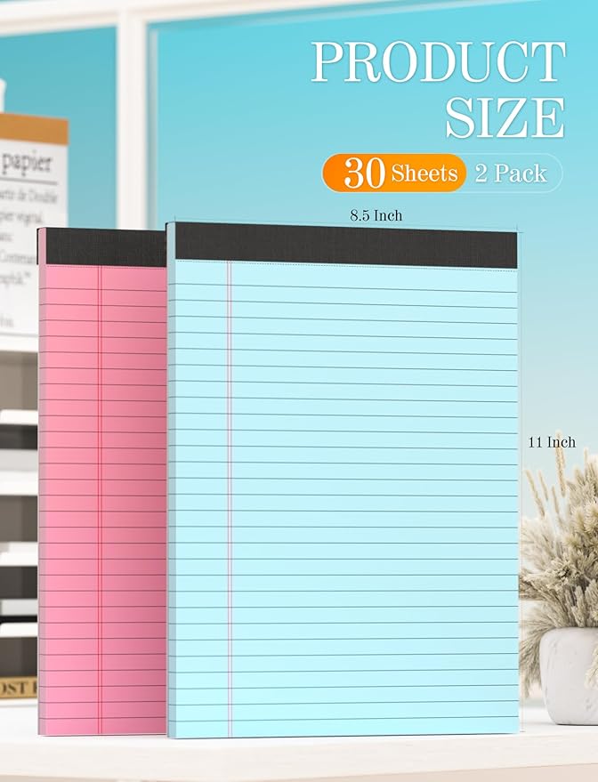 Colored Legal Pads 8.5 x 11, 2 Pack Pink Notebook Paper 8.5 x 11, Colored Note Pads 8.5 x 11 Notepad, Paper Pads 8.5 x 11 Writing Pads, Colored Lined Pads of Paper 8.5 x 11, Wide Ruled, 30 Sheets/Pad-DeskLoop Office