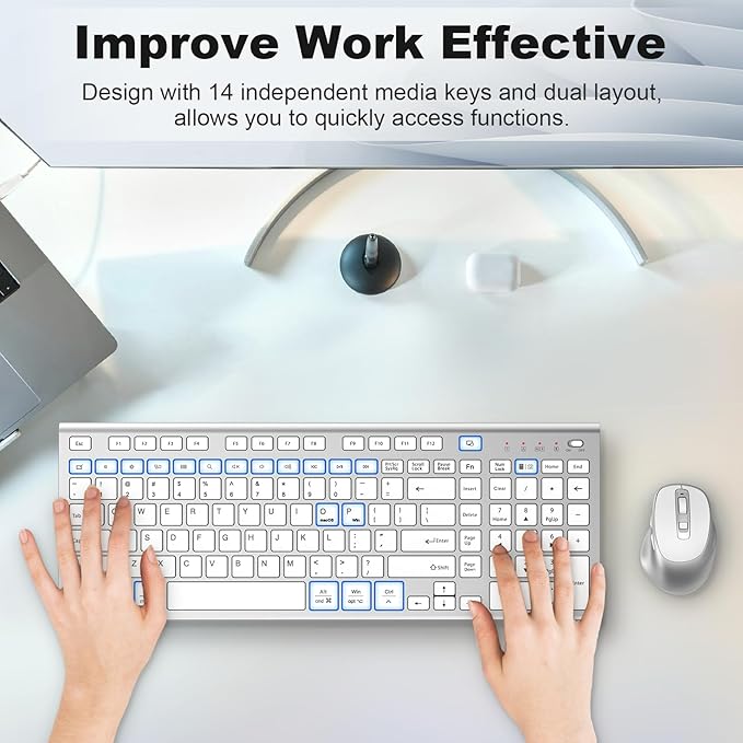 FENIFOX Wireless Keyboard and Mouse, Ergonomic Rechargeable Silent Quiet Slim Compact Full-Size USB C with Number Pad Flat Soft Cover for PC Computer Laptop Mac MacBook iMac TV Windows - Silver White-DeskLoop Office