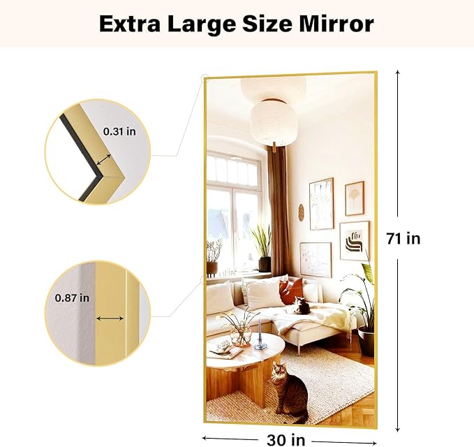 Extra Large 71"x30" Full Length Mirror - Standing, Hanging, or Leaning Rectangle Mirror for Wall or Floor - Wall-Mounted Full Body Dressing Mirrors with Aluminum Alloy Frame for Living Room - Gold-DeskLoop Office