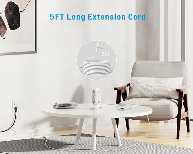 Tower Power Strip with Surge Protection, Flat Plug Outlet Extender with 12 AC Outlets & 8 USB Ports, 5 FT Extension Cord with Multiple Outlets, 24W Total Charging Station for Home Office Dorm Room-DeskLoop Office