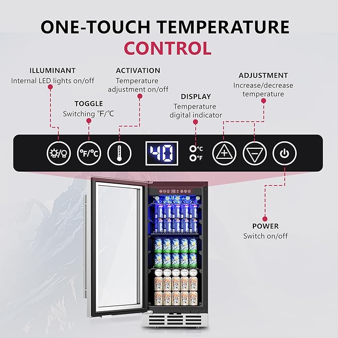 15'' Beverage Refrigerator Cooler - 126 Cans Under Counter Beverage Fridge with LED Light, Built-in Design, Wine Cooler for Home/Kitchen-DeskLoop Office