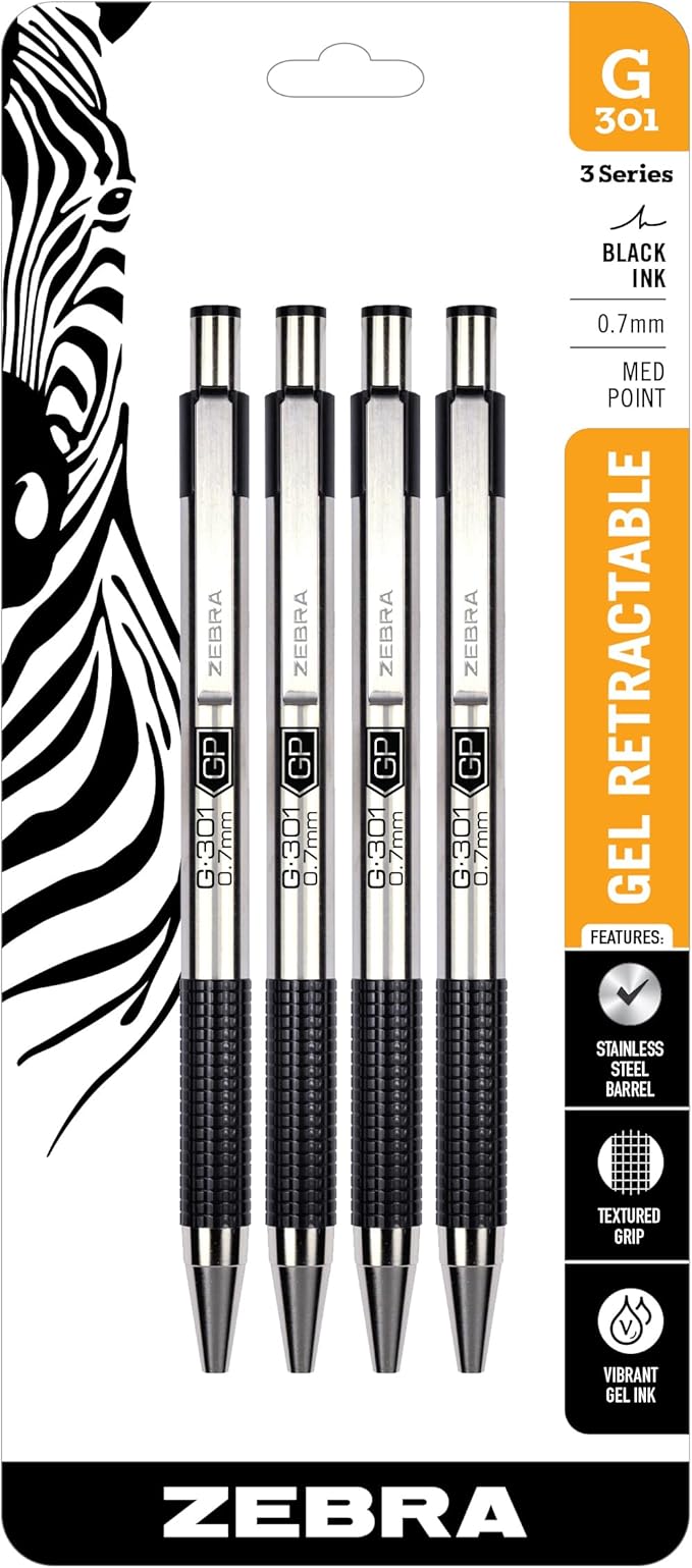 Zebra Pen G-301 Retractable Gel Pen, 0.7mm Medium Point, Stainless Steel Barrel by ZebraPen