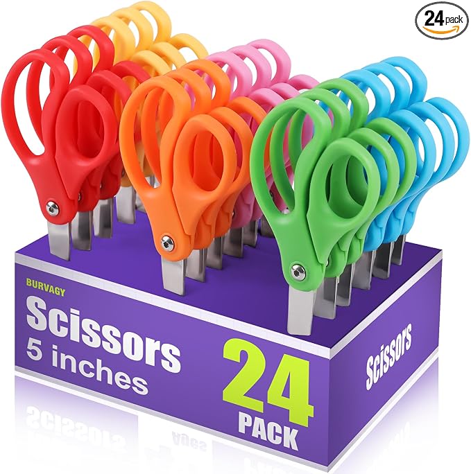 BURVAGY 24 Packs 5" Small School Student Blunt Tip Craft Kids Scissors by BURVAGY