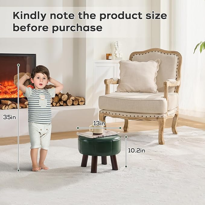 13in Small Foot Stool Ottoman, Round Faux Leather Foot Rest for Couch, Under Desk Pouf Footstool Footrest with Non-Skid Rubber Legs for Ling Room, Bedroom, 13''L x 13''W x 10.2''H, Green-DeskLoop Office