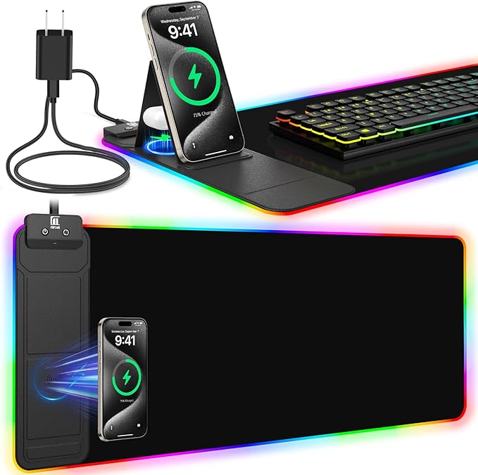 RGB Mouse Pad with Foldable Phone Stand Wireless Charger, 31.5"x11.8" XL Gaming by miroddi