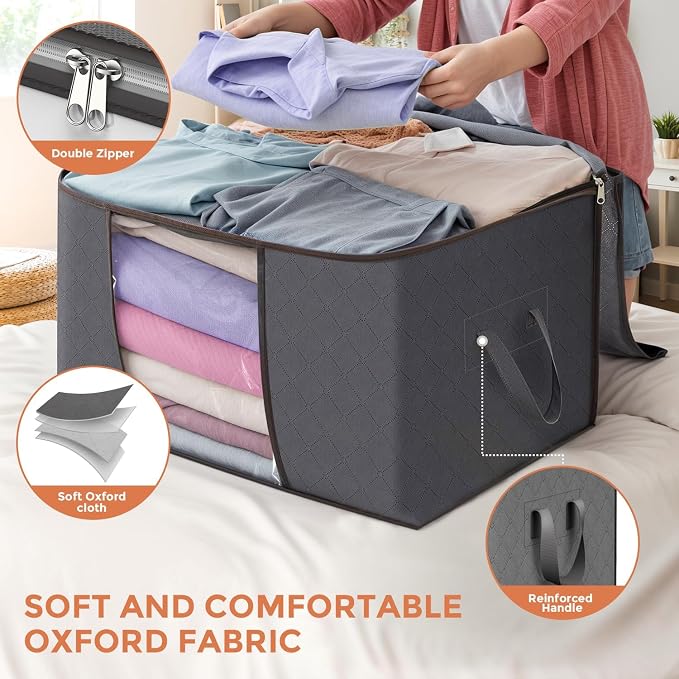 90L Large Storage Bags, 6 Pack Clothes Storage Bins Foldable Closet Organizers - Image 4