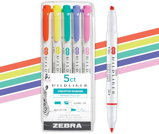 Zebra Pen Mildliner Dual-Tip Highlighter Set, Broad and Fine Tips, No Bleed by ZebraPen