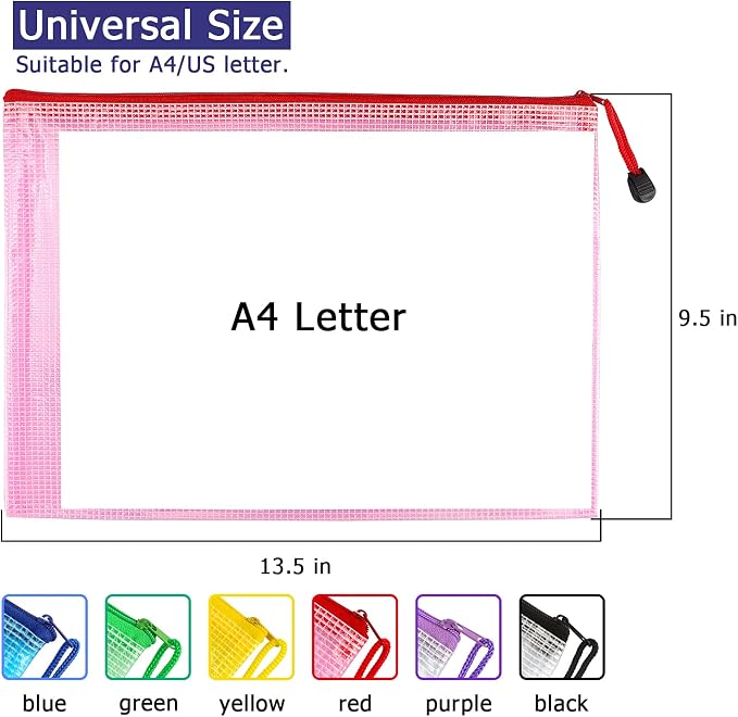 6 Pack Mesh Zipper Pouch Bags, Waterproof Zipper Pouch A4 Size | Zip File - Image 3