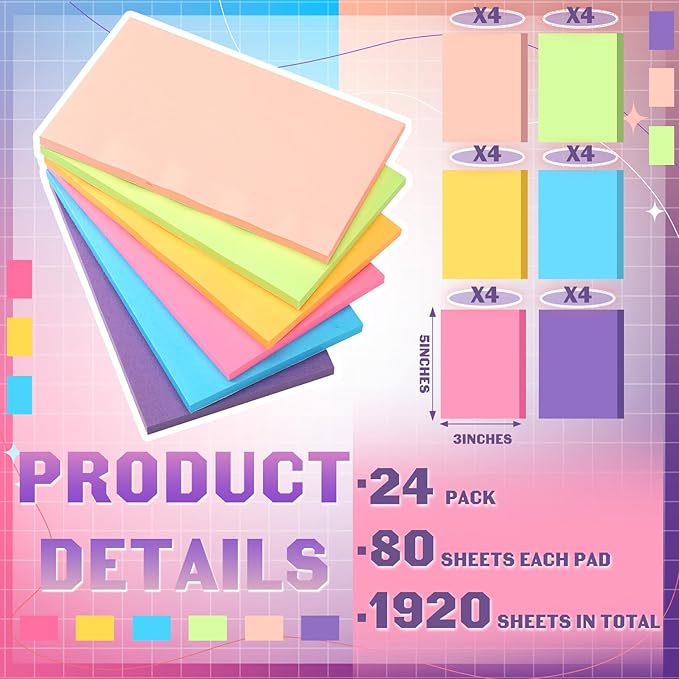 Kajaia 24 Pads Full Adhesive Sticky Notes Colorful Sticky Notes Adhesive Memo Self Stick Pads Easy to Post for Office Home School Meetings Supplies 6 Pastel Colors 80 Sheets/pad(3x5 Inches)-DeskLoop Office