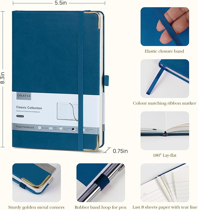 A5 Lined Journal Notebook - 100 GSM Thick Paper, Hardcover Journaling Notebook for Writing, Work, Travel, College Ruled Journal for Women Men, PU Leather Note Book, 5.5”x8.3”- Night Sky Blue-DeskLoop Office