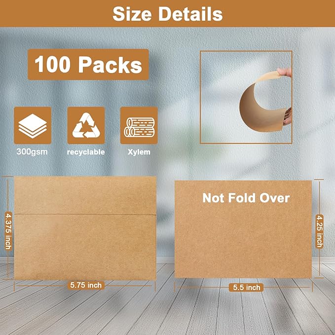 100 Packs Brown Single Panel Blank Greeting Cards and Envelopes 4.25 x 5.5 Heavyweight Flat Cardstock and A2 Envelopes Printable Self Seal for Graduations, Wedding, Thank You Cards