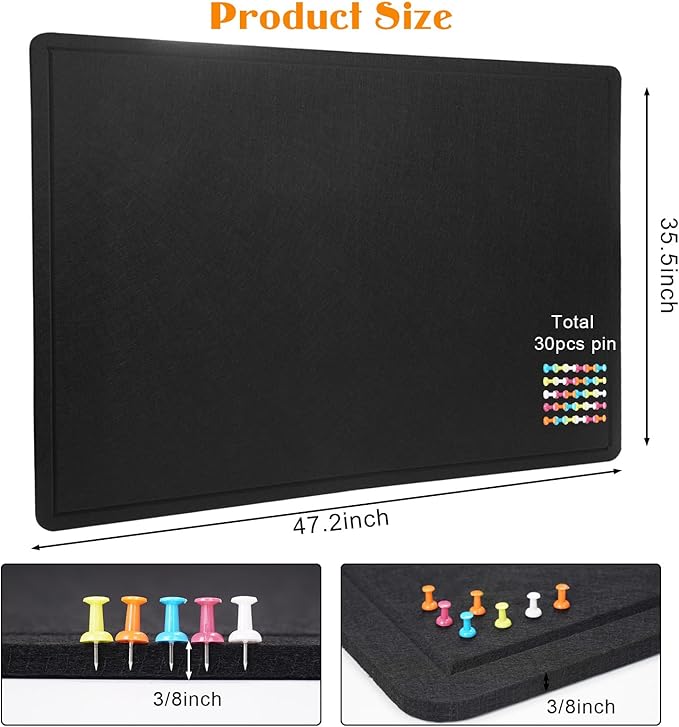 Large Bulletin Board, 48 X 36 inches Felt Board Notice Pin Board, 4' x 3'Cork Board Alternative for Wall, Self-Adhesive Vision Board Mood Board Foldable Photo Board with 30 Pushpin (Black)-DeskLoop Office