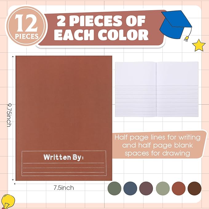 Henoyso 12 Pcs Primary Composition Notebook K-2 9 3/4 x 7 1/2 Inch Primary Journal, Back to School Supplies, Bulk Blank Writing Book for Kid to Write Draw Journal 60 Page Notebooks (Boho Color)-DeskLoop Office