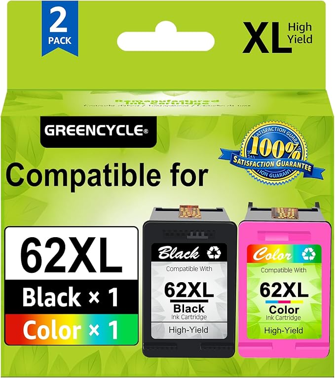 greencycle 62XL Remanufactured Ink Cartridges Combo Pack Replacement for HP 62 XL C2P05AN C2P07AN Compatible for Envy 5540 5660 7640 7645 Officejet 200 2250 5740 8040 (1 Black 1 Color)-DeskLoop Office