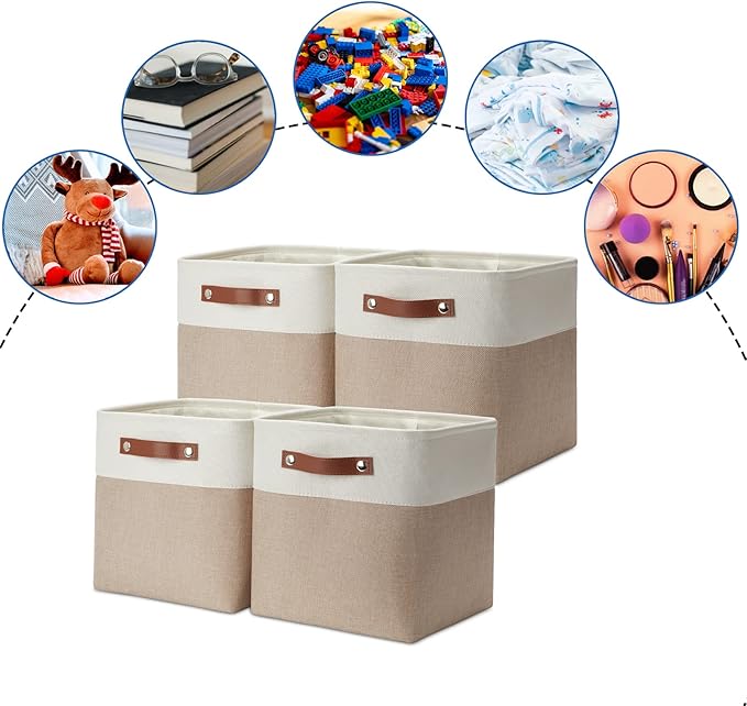 DULLEMELO 11 inch Cube Storage Bins, Large Collapsible Grey Storage Baskets for Square Cubes Organizing, Fabric Boxes Bins for Shelves Nursery Home Office Storage(4 Pack - 11" White&Khaki)-DeskLoop Office