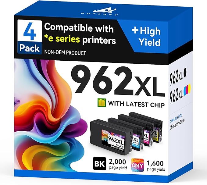 962xl Ink cartridges Compatible for HP 962 XL HP962XL Ink Combo Pack Work with HP Office Jet Pro 9010 9010e 9015e 9018e 9020 9020e 9025 9025e Series (4 Pack kcmy)-DeskLoop Office