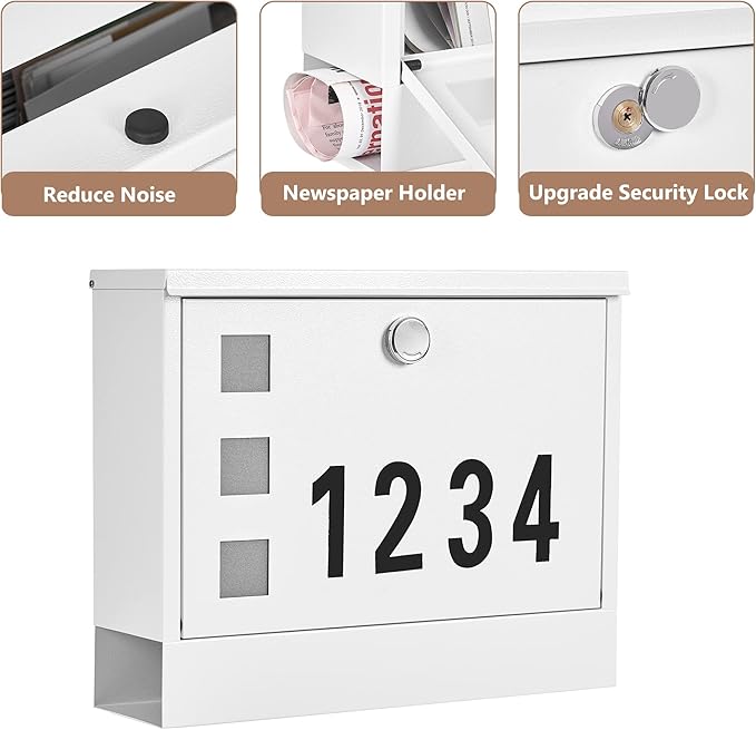 LAND·VOI Locking Mailbox Wall Mounted, Metal Postbox with Three Sets of Mail Box Number Stickers, 4 Keys, 14.4" x 4.5" x 11.2", Large Capacity, Textured White, AMB11W-DeskLoop Office