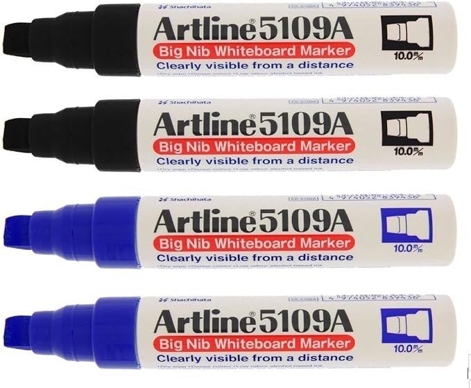 Artline 5109A Big Nib 10mm Dry Erase Extra Thick Whiteboard Markers, 4 Markers by Unknown