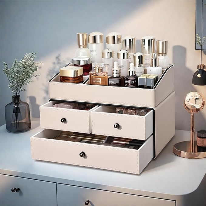 KINGFOM Leather Makeup Organizer with 3 Drawers, 2 Tier Cosmetic Storage Organizer for vanity Dresser Countertop and Bathroom Vanity, Beauty Holder for Lipstick Brush Skincare (Beige)-DeskLoop Office