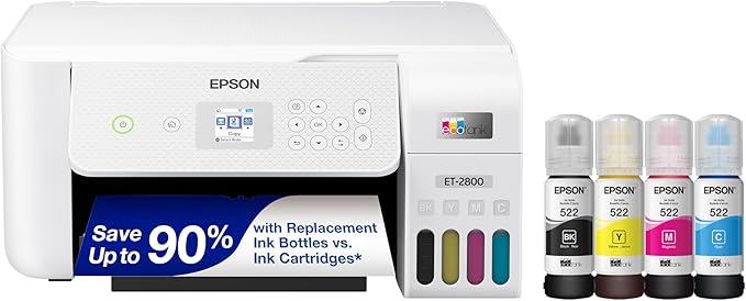 Epson EcoTank ET-2800 Wireless Color All-in-One Cartridge-Free Supertank Printer & 522 EcoTank Ink Ultra-high Capacity Bottle Black (T522120-S)-DeskLoop Office