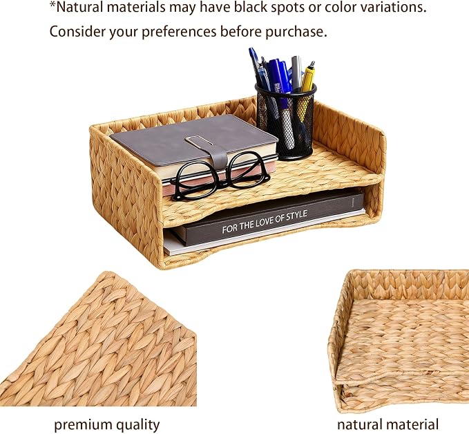 PINXIURY 2-Tier Water Hyacinth Letter Tray – Woven Paper & Mail Organizer - Image 5
