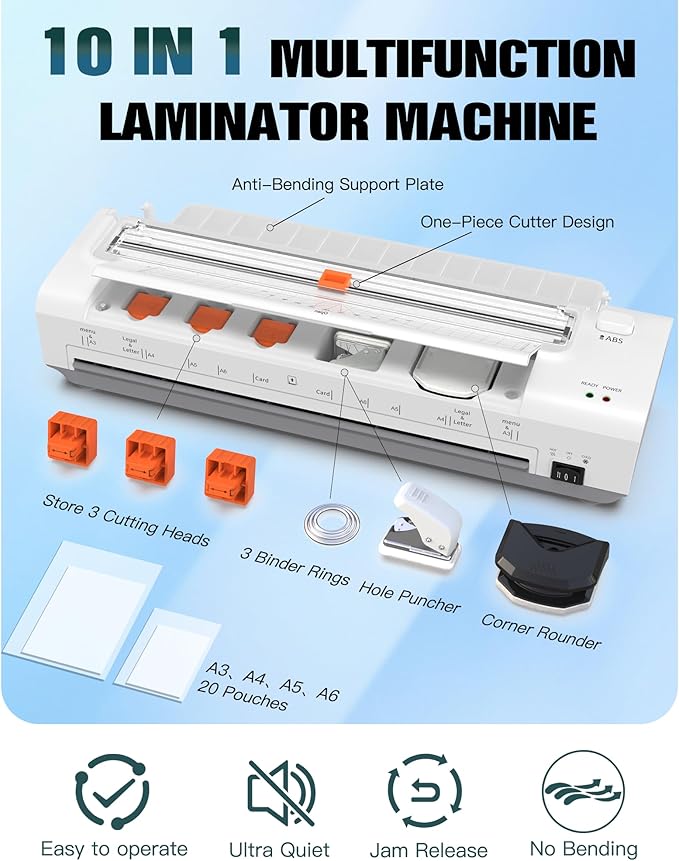 13 Inch Laminator Machine with Auto Paper Feed, Never Jam A3 Thermal & Cold Lamination, 20 Laminating Sheets, 10-in-1 Laminator with Cutter, Trimmer & Corner Rounder for Office School Home Use White-DeskLoop Office