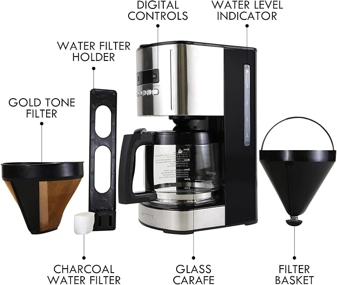 Kenmore Drip Coffee Maker - 12 Cup Programmable Cafe Machine With Glass Pot, Regular & Bold Brew, Auto Shut Off Large Water Reservoir, Reusable Filter, Kitchen Appliances For Cafeteria Barista, Black-DeskLoop Office