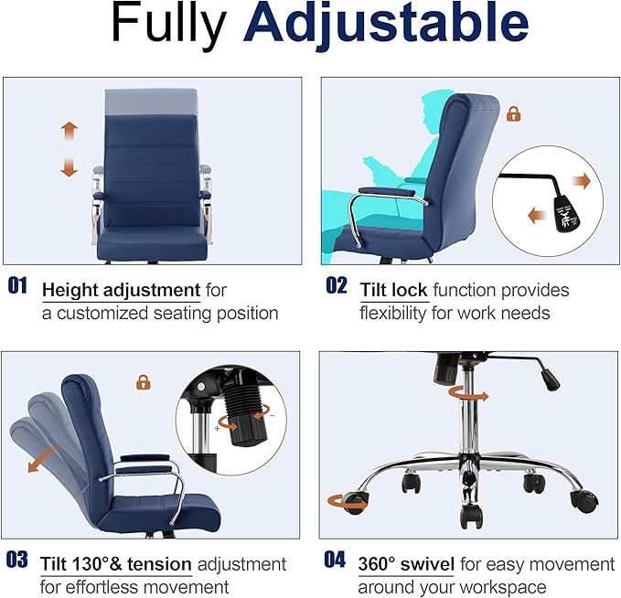 Modern Office Desk Chair, Conference Room Chairs, High Back Ergonomic Home ofiice Chair, Adjustable Height Swivel Executive Computer Chair with Padded Seat and Armrest (Blue)-DeskLoop Office