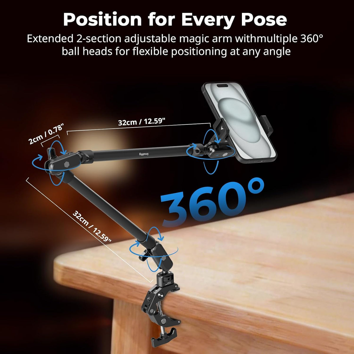 SmallRig 22.4" Magic Arm with Super Clamp, Flexible Overhead Camera & Phone Mount, 1/4" Screw, Cable Clip, Max Load 2.2 lbs, Black – 5625