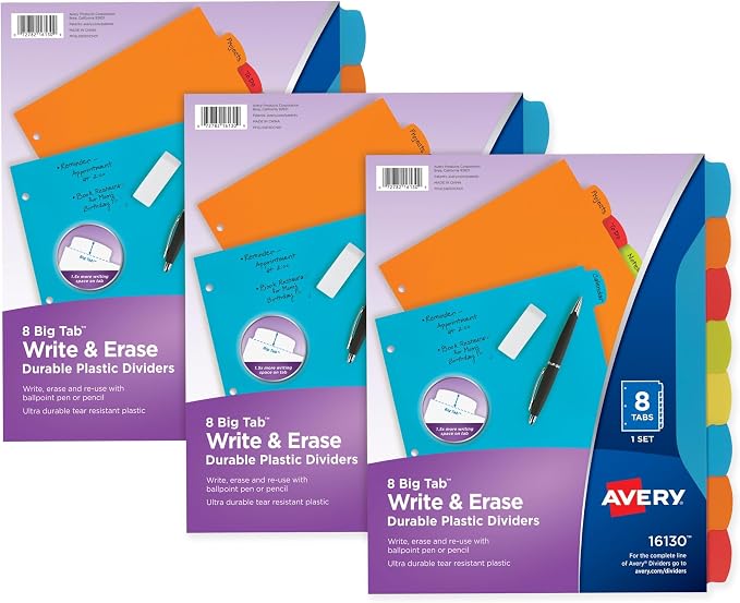 Avery Big Tab Write & Erase Durable Plastic Dividers, 8-Tab Set, 3 Sets by Avery