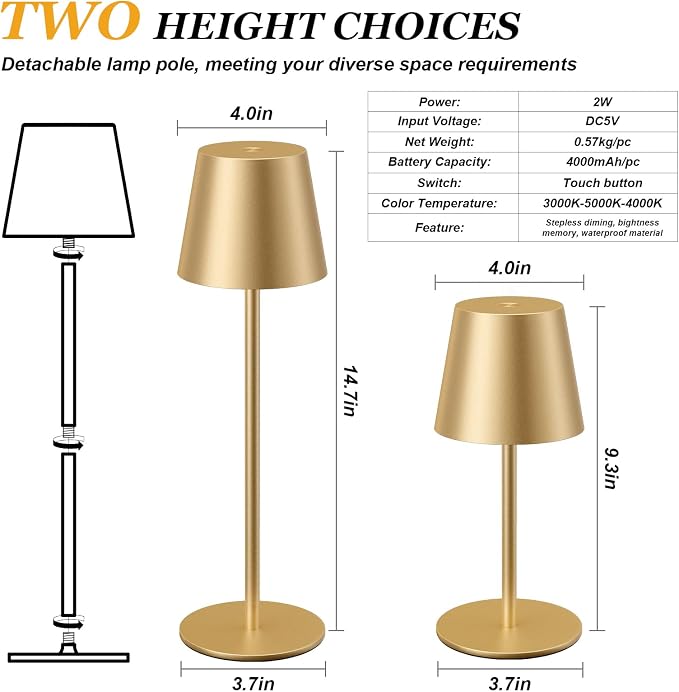 Kakanuo Cordless Table Lamp Rechargeable Gold - Image 4