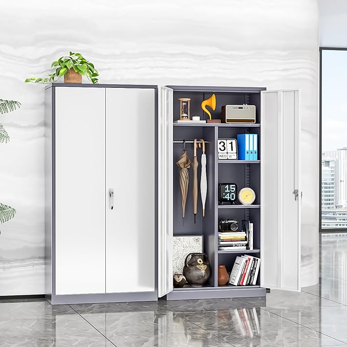 INTERGREAT Metal Storage Cabinet,72 Tall Armoire Wardrobe Closet with Doors,Grey White Storage Locker Cabinets with Adjustable Shelves and Removable Hanging Rods-DeskLoop Office
