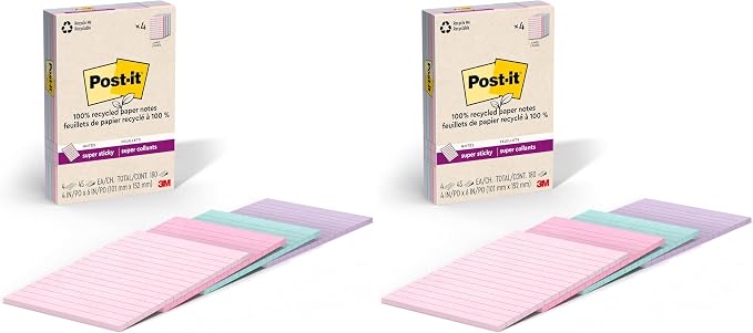 Post-it 100% Recycled Paper Super Sticky Notes, 2X The Sticking Power, 4x6 in by Unknown