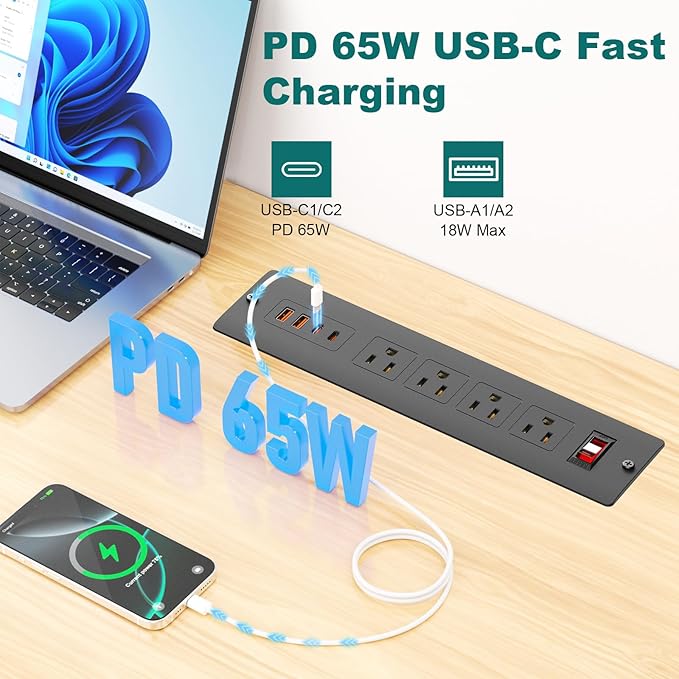 QBA Recessed Power Strip with USB-C 65W, 4 Outlets 2 USB-C & 2 USB-A Ports, Mountable Desk Outlet for Conference Furniture, 45° Angled Flat Plug 6FT Cord, Black-DeskLoop Office