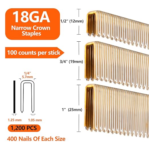 1200-Count 18 Gauge 1/4 Inch Narrow Crown Staples, 400 per Size, Heavy Duty - Image 2