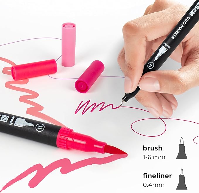 ZSCM Pink Duo Tip Marker Pens, 12 Pack Fine & Brush Markers - Image 2