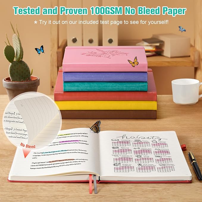 Lined Notebook Journal for Women Men, 312 Numbered Pages A5 Thick Leather Journal for Writing, Daily Journal for Work School, Hardcover College Ruled Notebook, Butterfly Floral Notebook, Peacock Blue-DeskLoop Office