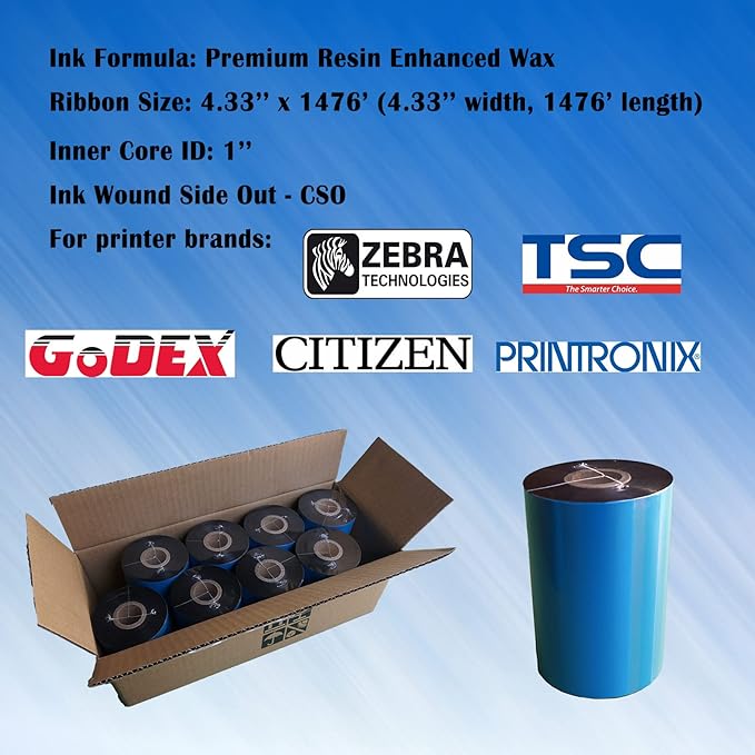 4.33'' x 1476' Premium Resin Enhanced Wax Ribbon, 110mm x 450m Black Thermal Transfer Ribbon, Barcode Thermal Label Printer Ribbon, CSO-Ink Outside, 1'' Core for Zebra, TSC, GoDex, Citizen (1 Roll)-DeskLoop Office
