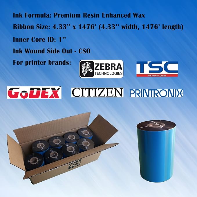 8 Rolls 4.33'' x 1476' Premium Resin Enhanced Wax Ribbon, 110mm x 450m Black Thermal Transfer Ribbon, Barcode Thermal Label Printer Ribbon, CSO-Ink Outside, 1'' Core for Zebra, TSC, GoDex, Citizen-DeskLoop Office