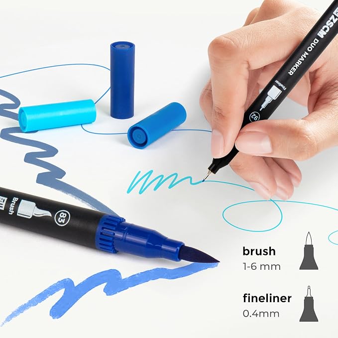 ZSCM Blue Duo Tip Marker Pens, 12 Pack Fine & Brush Markers - Image 2