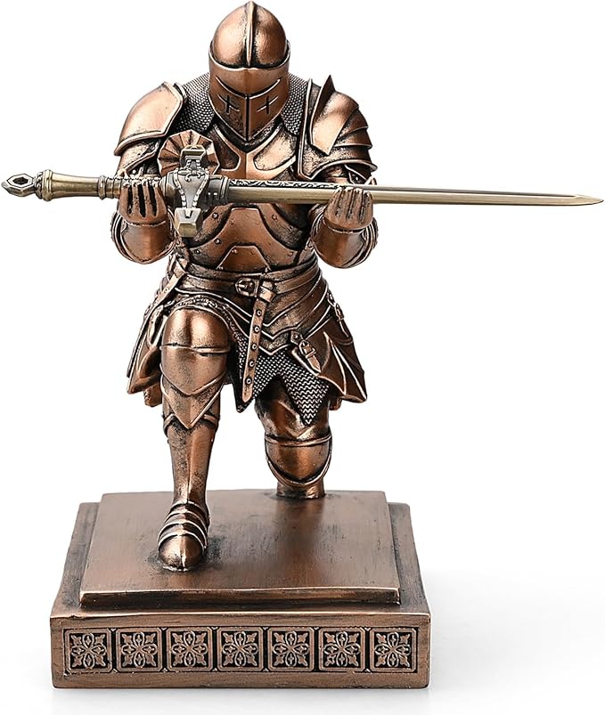 Medieval Armored Warrior Knight Pen Holder Desk Organizers and Accessories Resin Pencil Holder Paperweight as Gift with a Cool Letter Opener for Desk (Copper)-DeskLoop Office