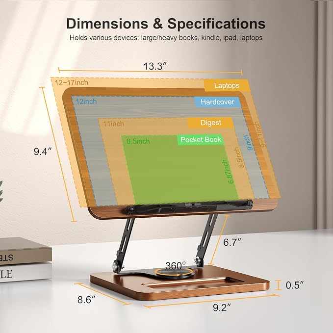 OPTIXCELL Book Stand for Reading, 360° Rotating Hands Free Book Holder - Image 6