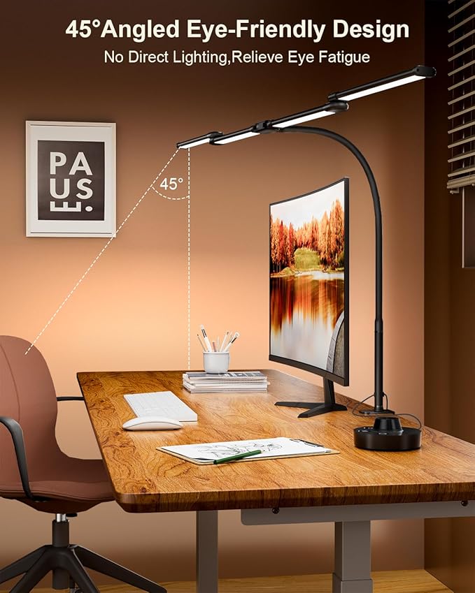 LED Desk Lamp with Clamp, 24W Ultra Architect Desk Lamp for Home Office, Stepless Dimming & Adjustable Gooseneck, Eye-Caring Light with USB Adapter for Reading, Study, Multi-Screen Setup (Black)-DeskLoop Office