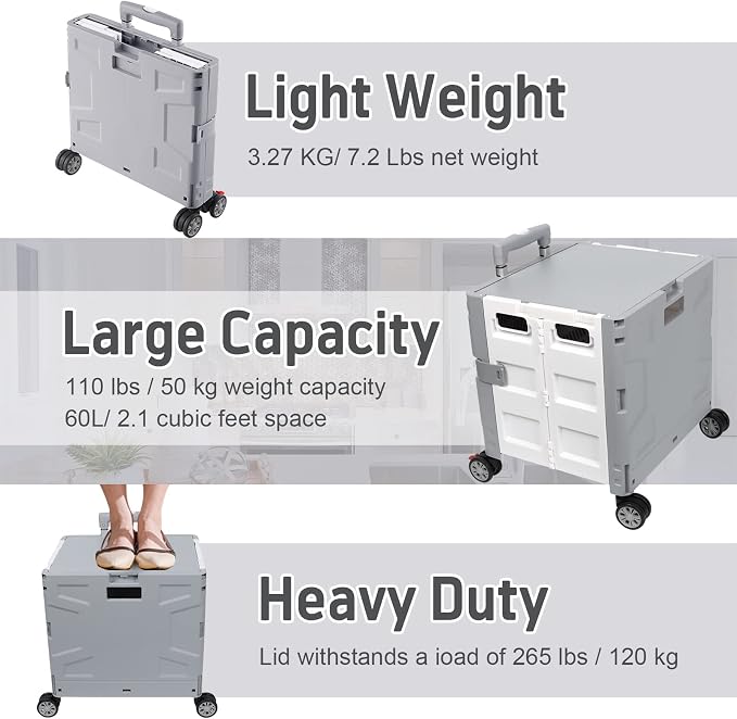 FELICON Folding Utility Cart Rolling Crate Handcart Basket Tote-Gray+White | - Image 6